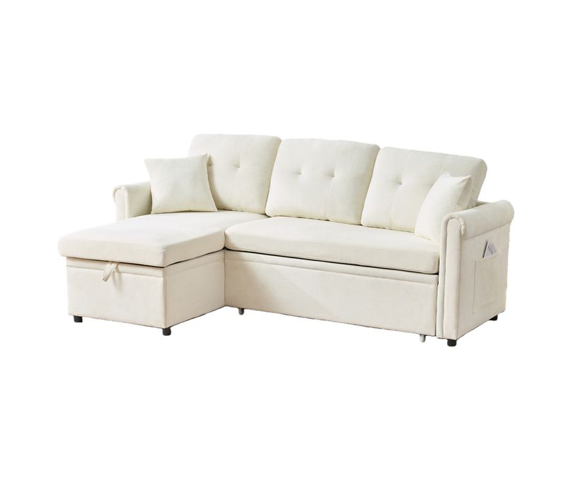 Canapé D’angle L Convertible Avec Coffre De Rangement Et Tissu Chenille Beige