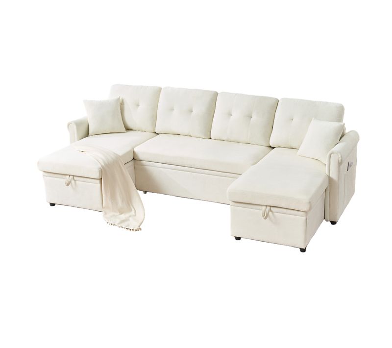 Canapé D’angle U Convertible Avec Coffre Et Tissu Chenille Beige, Grand Et Confortable