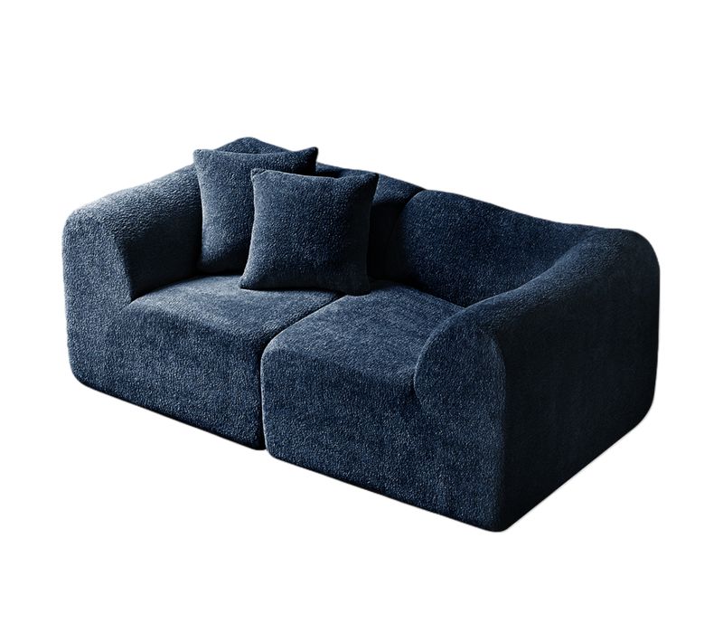 Canapé 2 Places En Velours Bleu Au Design Compact, Avec Coussins, Idéal Salon Bureau Appartement