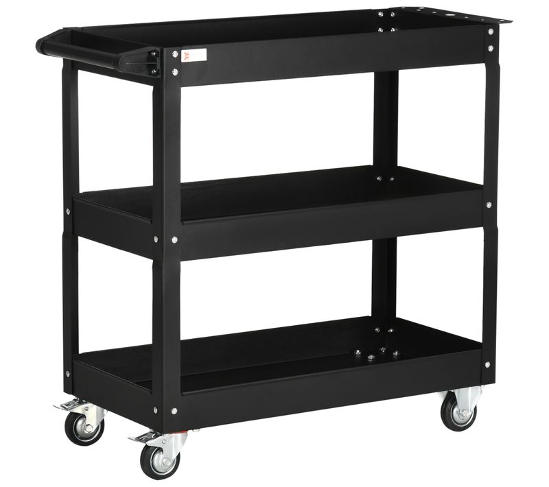 Chariot D’atelier En Acier Noir à 3 étagères Sur Roulettes Avec Poignée, Charge 150 kg