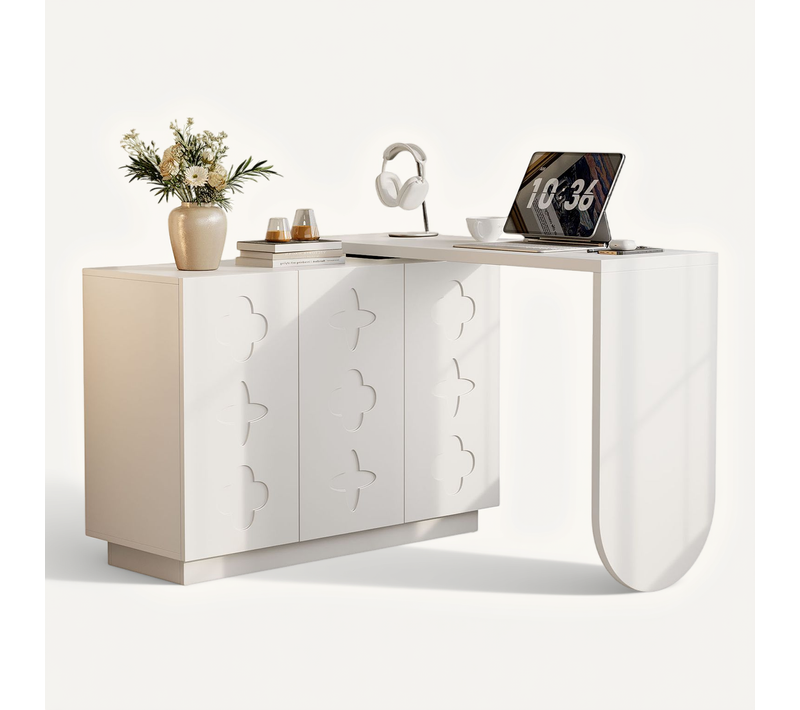 Bureau D’angle L Pivotant Avec Rangement Intégré, Table Multifonction Blanche 110 cm