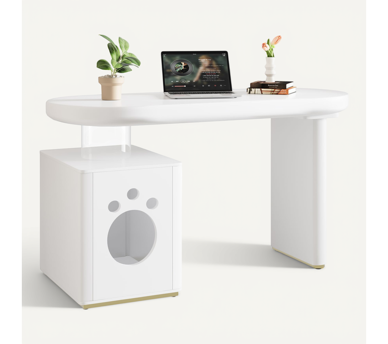 Bureau Moderne Blanc 117×50×76 Cm Avec Niche Pour Animaux M-xl, Pieds épais 5 Cm, Design Arrondi