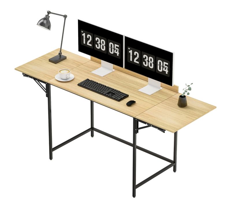 Bureau Pliant Avec 2 Rallonges 170×58×78 Cm, Design Moderne Chêne Et Métal Noir