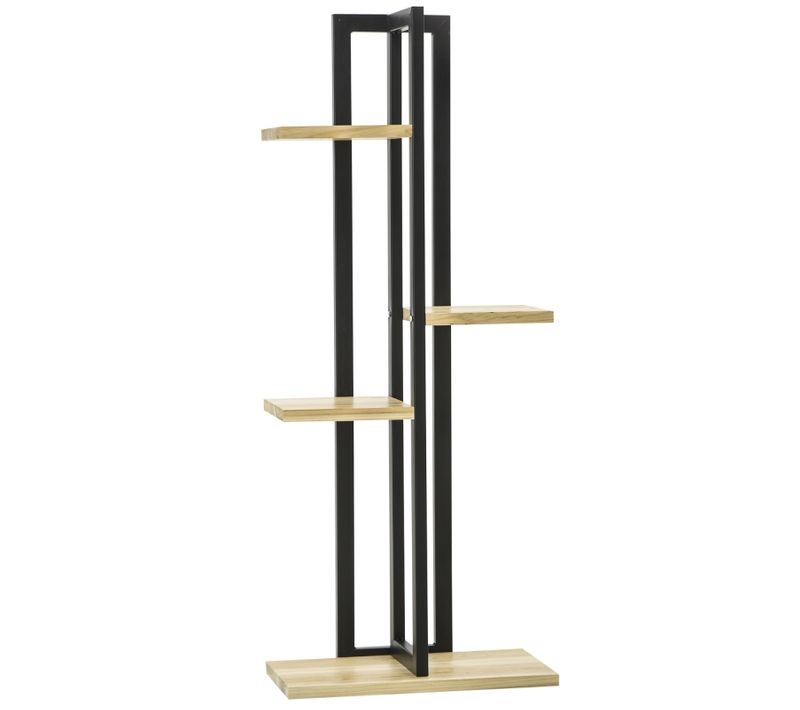 Support à Plantes 4 Niveaux Industriel, Métal Noir Et Bois Naturel, Intérieur Et Extérieur, 110 Cm