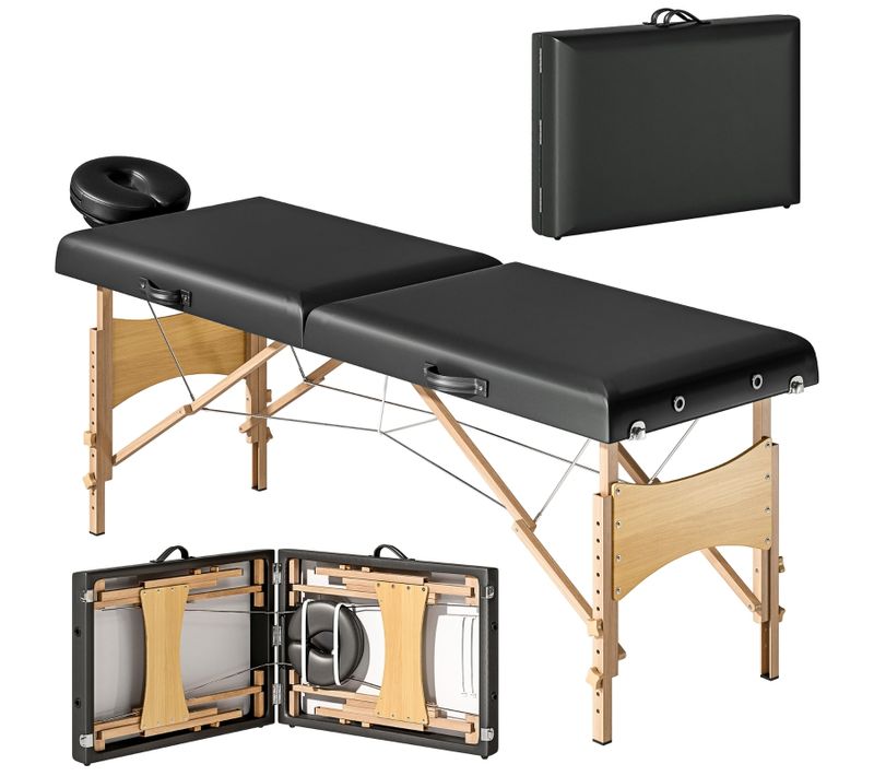 Table De Massage Pliable 2 Zones Réglable Avec Appui-tête, 70 Cm De Large, Pieds En Bois