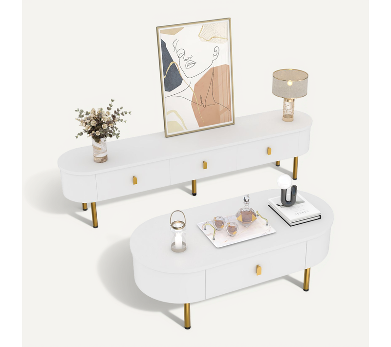 Ensemble Meuble TV Et Table Basse Léger Luxe Avec Tiroirs, Coins Arrondis, Blanc Et Or