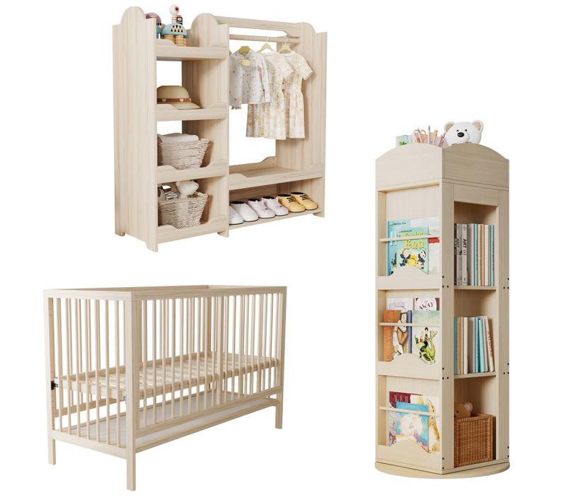 Ensemble Mobilier Enfant 3 Pièces, Lit Bébé Transformable, Armoire Et Étagère Pivotante, Naturel
