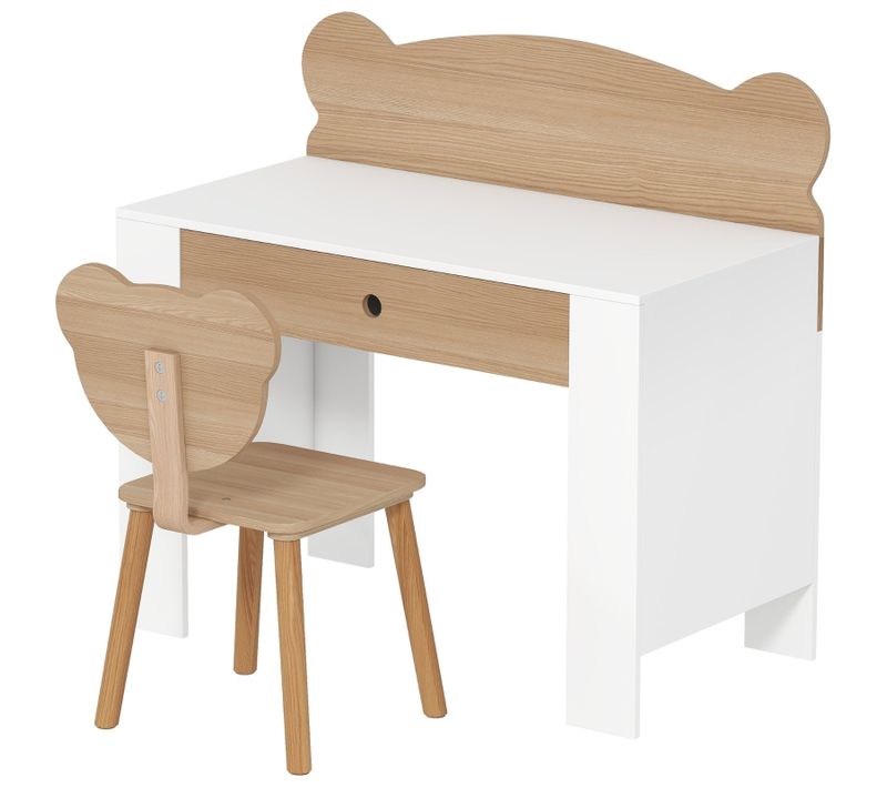 Bureau Et Chaise Enfants Avec Dossier Ours, Ensemble Table Avec Tiroir, Bois Naturel
