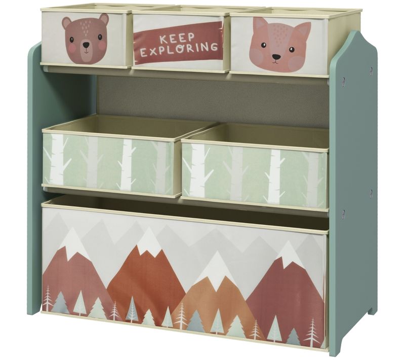 Etagère Enfant Avec 6 Bacs En Tissu Et Motifs Ludiques, Rangement Pratique Vert