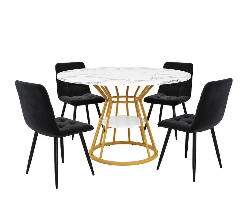 Ensemble Salle à Manger 5 Pièces Avec Table Ronde 100x100 Cm Et Chaises Velours Gris, Cadre Doré