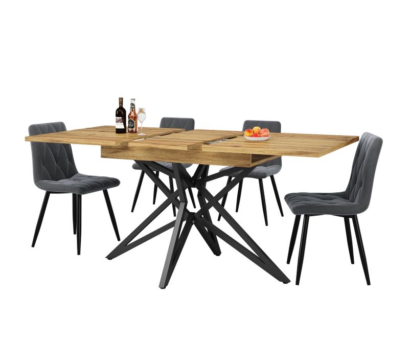 Ensemble Salle à Manger 5 Pièces Avec Table Extensible Effet Noyer Et Chaises Velours Gris, Noyer