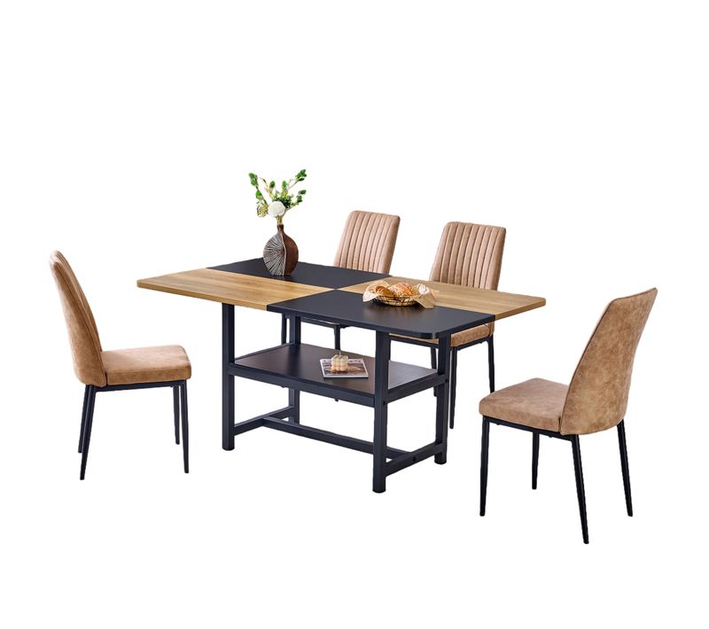 Ensemble Table Rectangulaire 160 Cm Avec 4 Chaises Brunes En Tissu High-tech Et Rangement