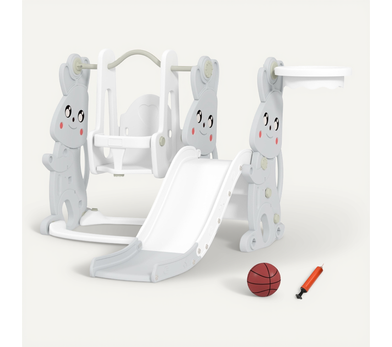 Toboggan Enfant 4-en-1 Avec Balançoire, Escalade Et Panier De Basket, Design Lapin, Gris