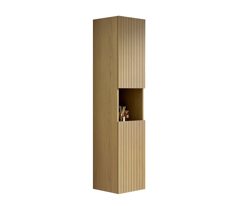 Colonne Murale Salle De Bain 160 Cm En Placage Corolla Chêne Avec 2 Portes Et étagère Ouverte