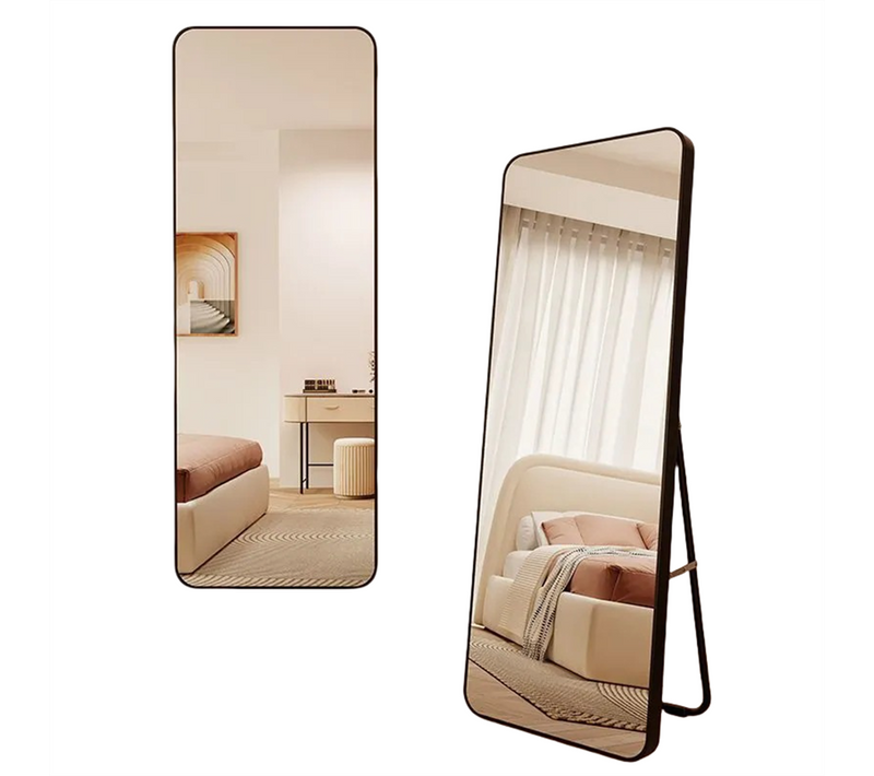 Miroir Sur Pied 45x155 Cm Noir Avec Cadre Plastique Et Verre Sécuritaire, Freestanding Ou Mural