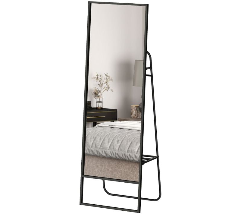 Miroir Sur Pied 157x50 Cm Avec Cadre Métal Noir, Étagère Arrière Et Crochets Pour Chambre