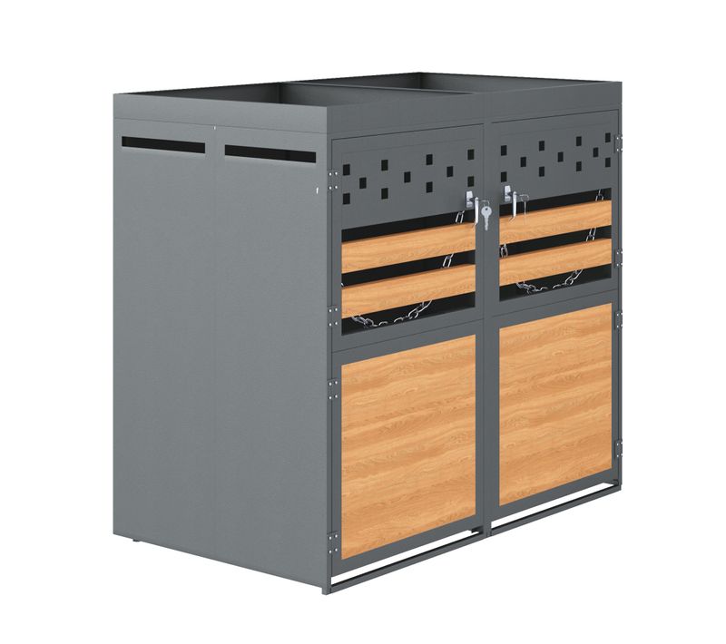 Coffre à Poubelles 2x120-240 l Avec Toit Végétalisé, Anthracite Et Effet Bois, Sécurisé