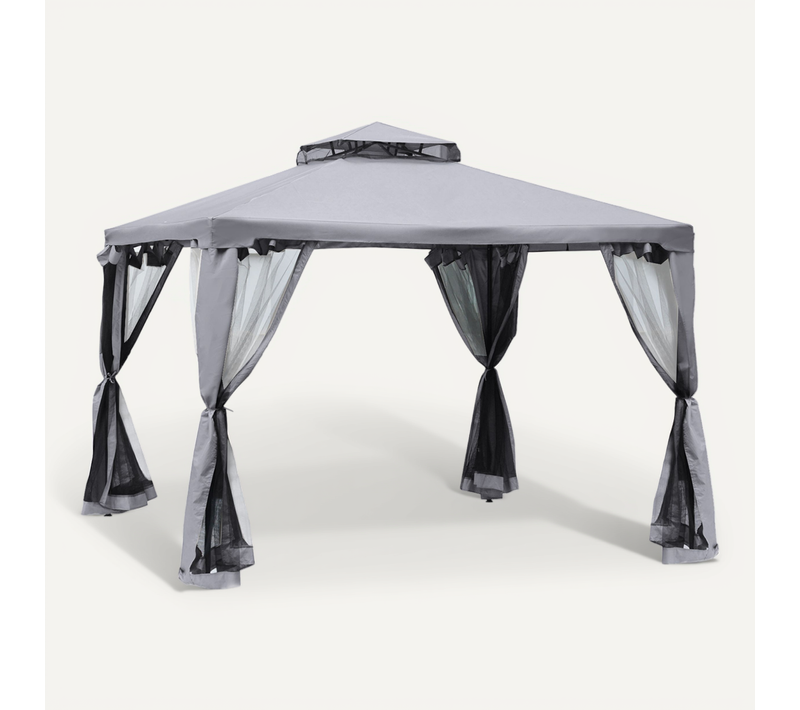 Pavillon De Jardin 3x3 M Avec 4 Parois Moustiquaires Toit Double Et Structure Métal Gris Clair