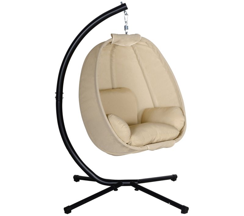 Fauteuil Suspendu Oeuf Pliable Avec Coussin, Chaise Balançoire, 125x95x170 Cm, Kaki