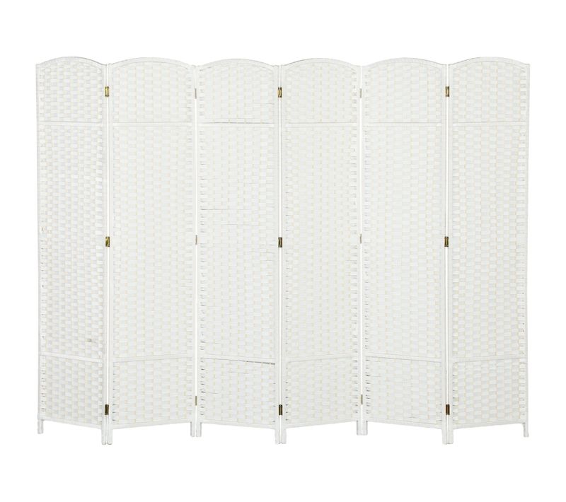 Paravent 6 Panneaux Pliable En Bois De Pin Avec Tissage Décoratif Blanc, Pour Salon Et Bureau