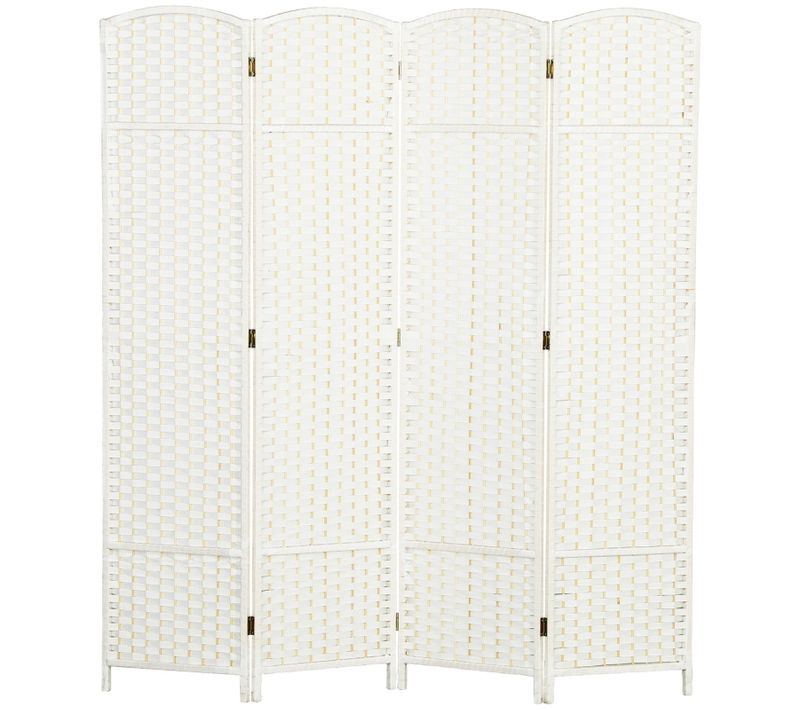 Paravent 4 Panneaux Pliable Blanc En Bois De Pin Avec Tissage Élégant, Pour Salon Et Bureau