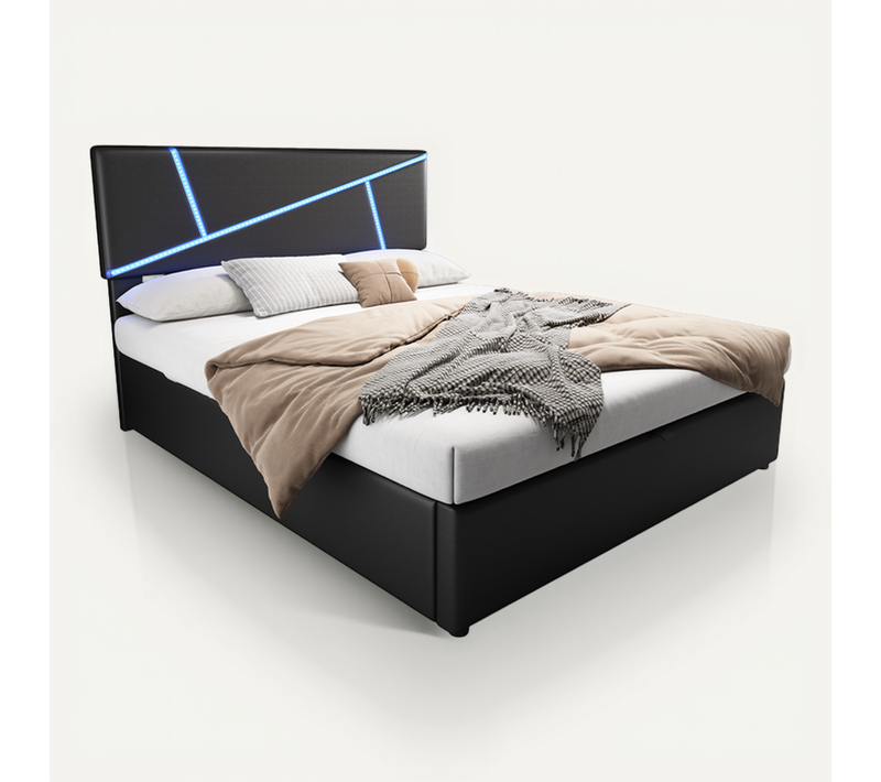Lit Double Rembourré 140x200 Avec LED, Rangement Hydraulique Et Sommier, Noir