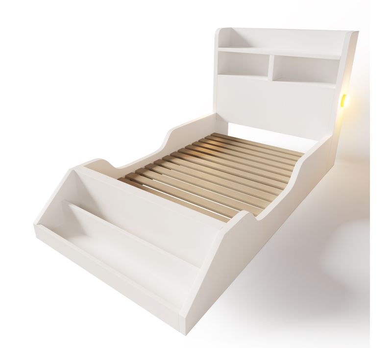 Lit Enfant En Bois 90x200 Cm Pour Enfant Avec étagères, Lampes Et Rangement Modulable Blanc