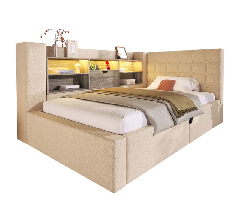 Lit Simple 90x200 Cm Beige Avec LED, Coffre Hydraulique Et Tête L Réversible