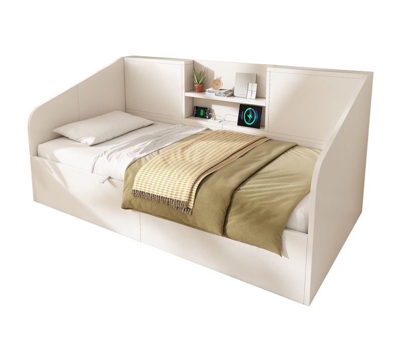 Lit Enfant 90x200 Cm Blanc Avec Coffre Hydraulique, Étagères Et Station USB/type-c