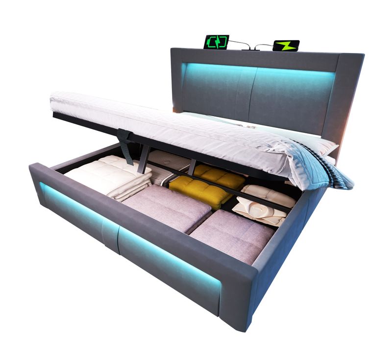Lit Double 160x200 Cm Gris En Velours Avec Rangement Hydraulique, LED Multicolore Et Ports USB‑c