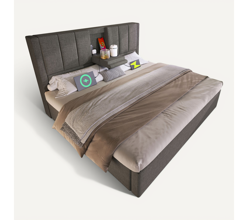 Lit Double 160x200 Cm Gris En Lin Avec Rangement Hydraulique, LED Et Porte-gobelet Intégré
