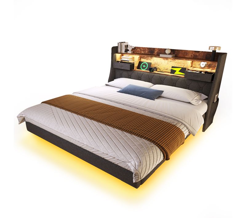 Lit Flottant 140x200 Cm En Lin Avec LED, USB/type-c Et Rangement Intégré