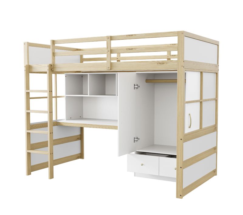 Lit Mezzanine 90x200 Cm Pour Enfant Avec Bureau, Armoire Et Tiroirs Blanc