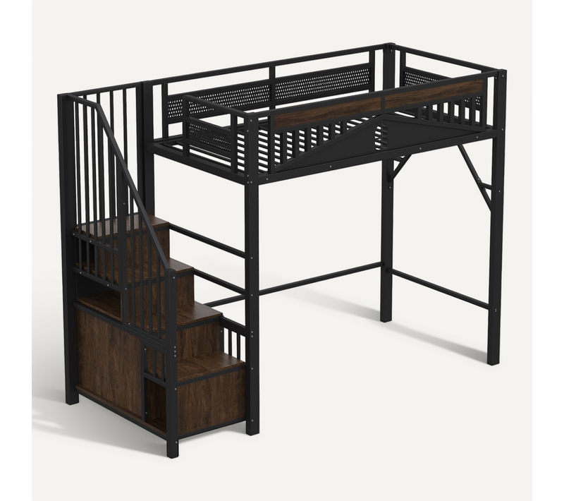 Lit Mezzanine 90x200 Cm En Métal Noir Avec Rangement Et Garde-corps Sécurisé Original