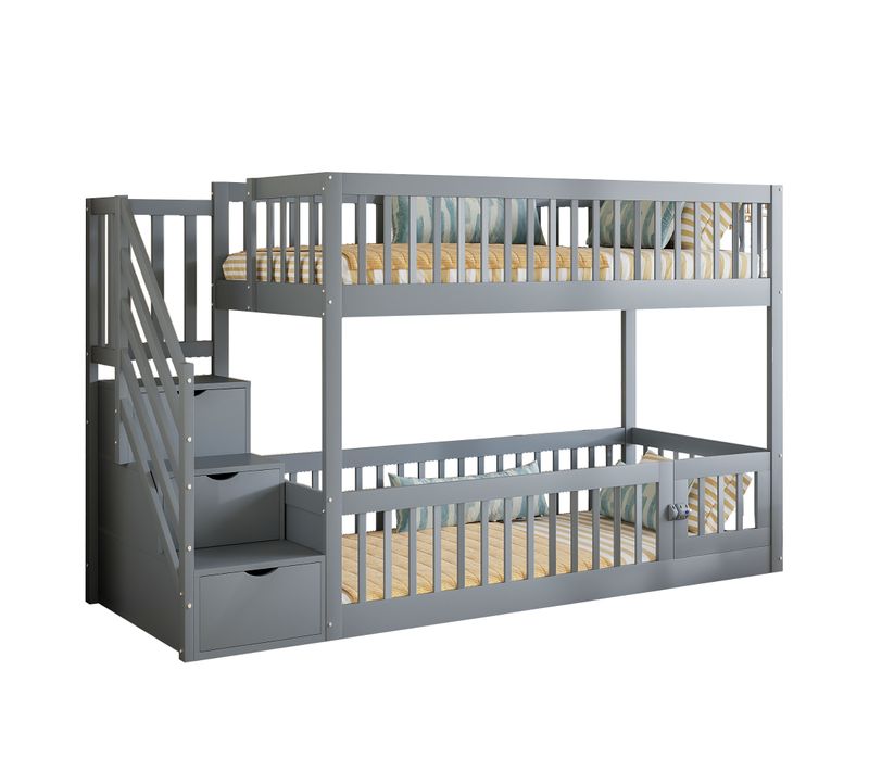 Lit Superposé 90x200 Cm Pour Enfants Avec Escalier Sécurisé Et Tiroirs De Rangement Gris