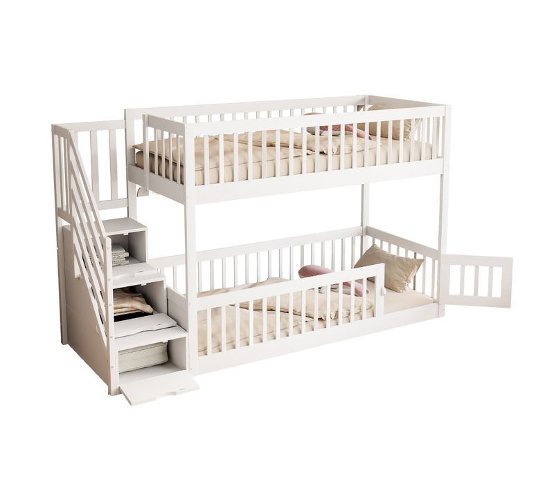 Lit Superposé 90x200 Cm Pour Enfants Avec Escalier Sécurisé Et Tiroirs De Rangement Blanc