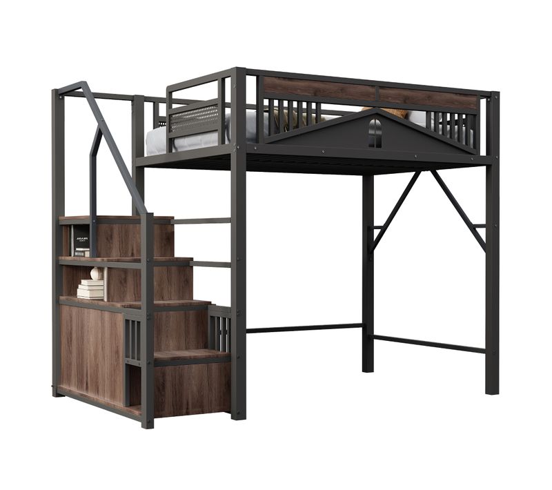 Lit Mezzanine 140x200 Cm Métal Avec Rangement Et Barrière Sécurité, Noir