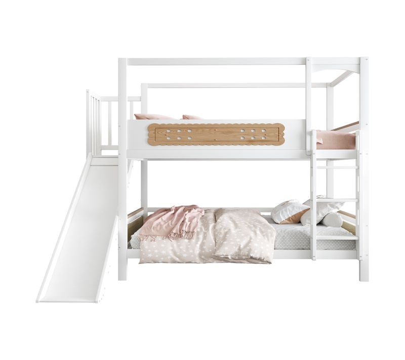 Lit Superposé Enfant 90x200 Cm Maison Avec Toboggan, Garde-corps Et échelle Large Blanc