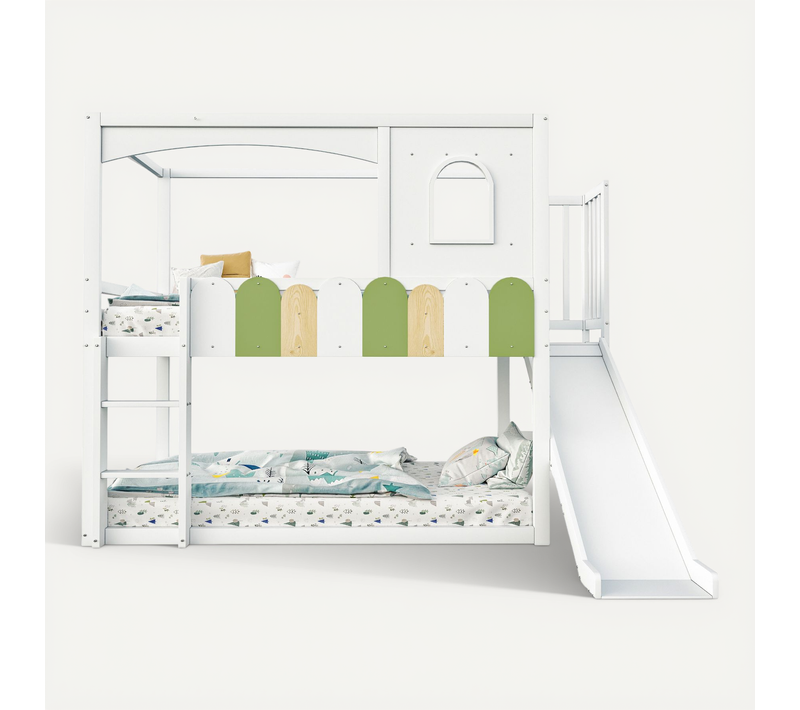 Lit Superposé Enfant 90x200 Cm Maison Avec Fenêtres, Couleurs Vives, Toboggan Blanc