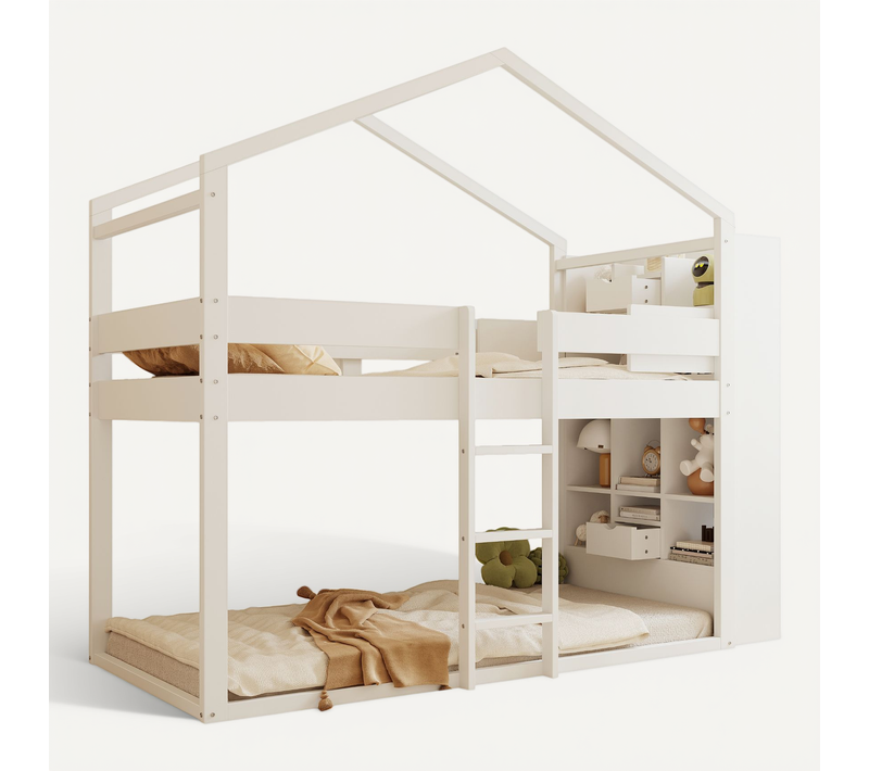 Lit Superposé 90x200 Cm Bois De Pin Blanc Avec Rangement Intégré Et étage Supérieur Sécurisé