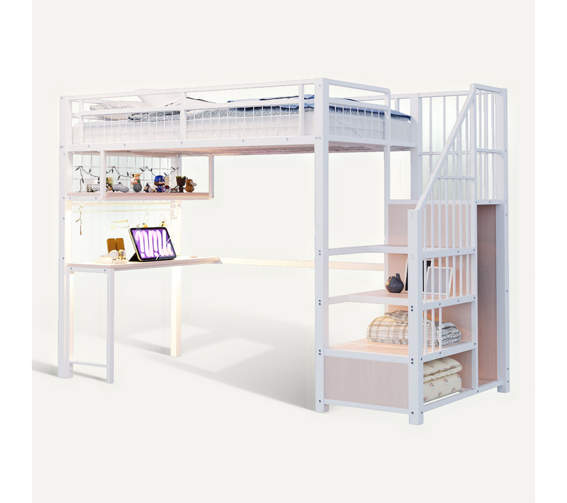 Lit Mezzanine Métal 90x200 Cm Avec Bureau, étagères, LED Et Armoire Blance