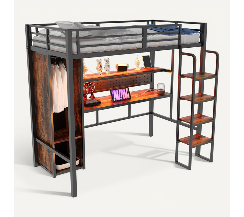 Lit Mezzanine Métallique 90x200 Avec Bureau, LED Et Armoire Intégrée