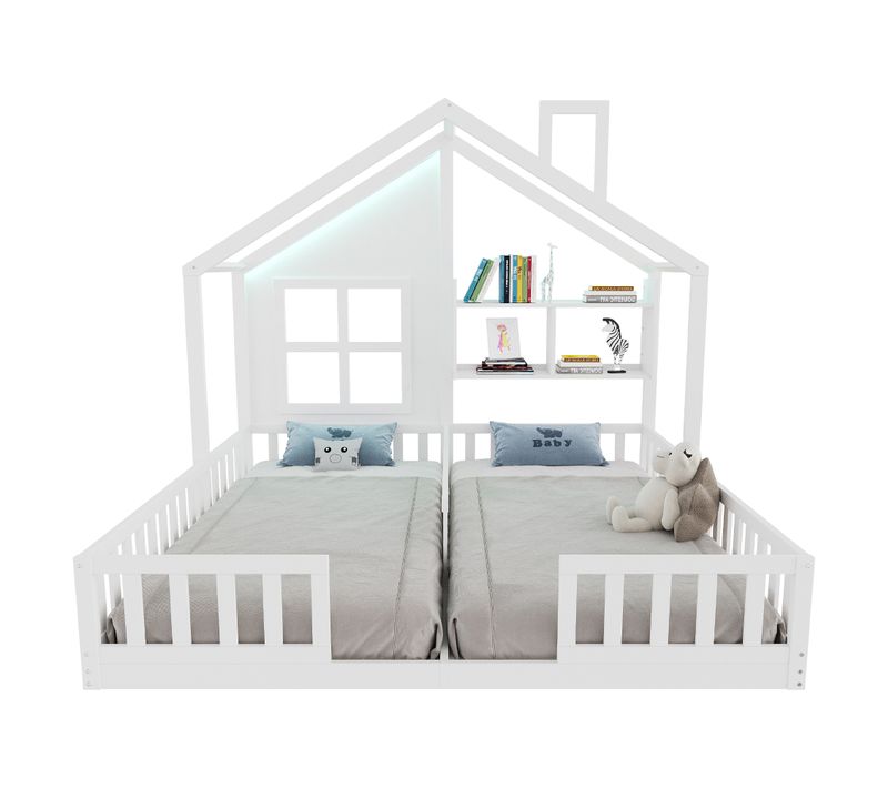 Lit Enfant Double 90x200 Cm En Bois, Maison Avec LED, Sécurité Et Rangements Intégrés