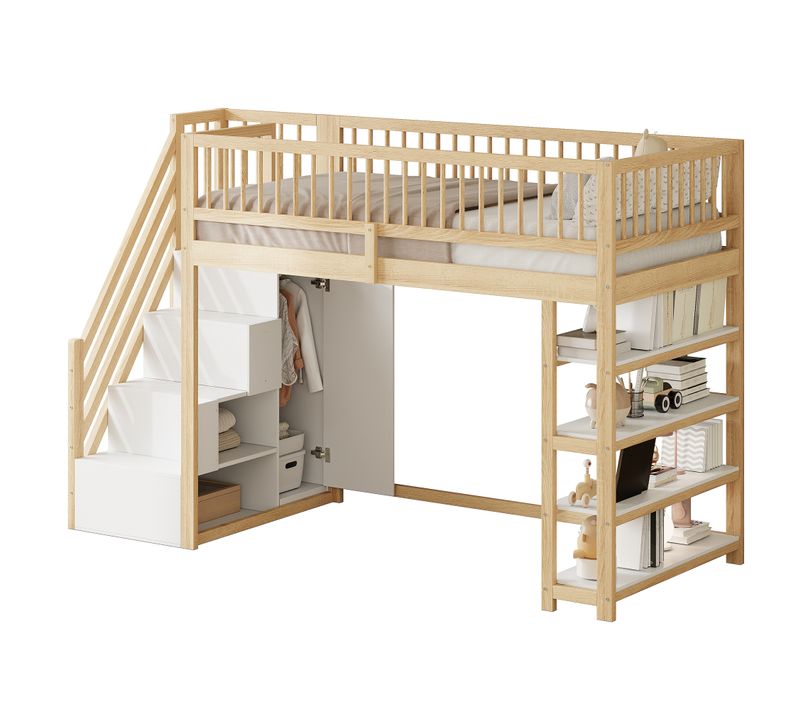 Lit Mezzanine Multifonction 90x200 Cm Bois Massif Avec Placards Et échelle Sécurisée