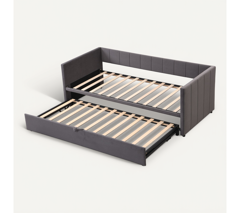 Lit Gigogne 90/180x200 Cm En Velours Gris, Multi-fonction Et Gain De Place