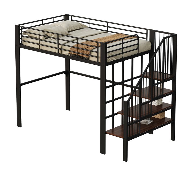 Lit Mezzanine 140x200 Métal Noir Avec Escalier Et Grand Espace De Rangement