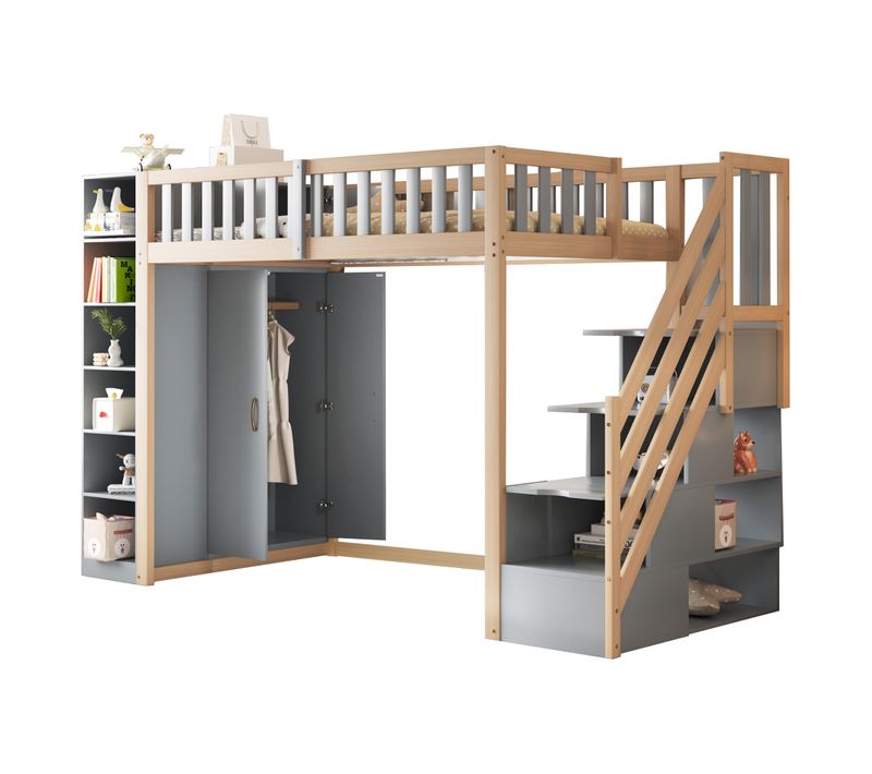 Lit Mezzanine 90x200 Cm Gris Et Bois Avec Rangements, Armoire Et échelle Sécurisée
