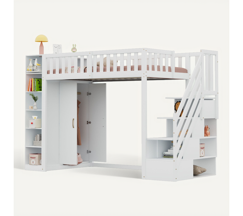Lit Mezzanine 90x200 Cm Blanc Avec Rangements, Armoire Et échelle Sécurisée