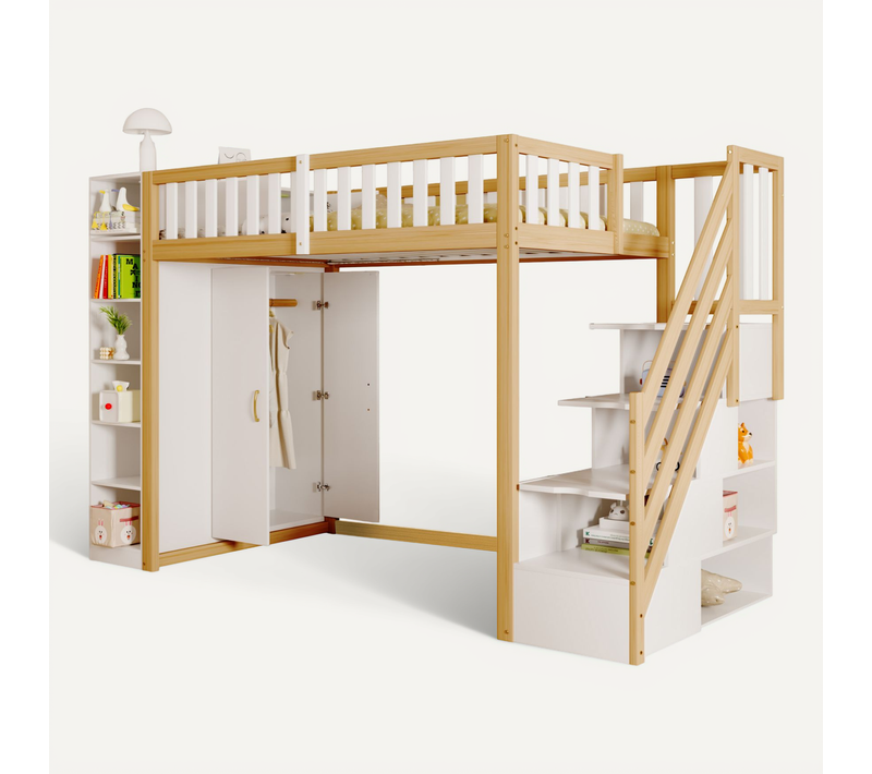 Lit Mezzanine 90x200 Blanc Et Bois Naturel Avec Rangements Et Armoire Intégrée