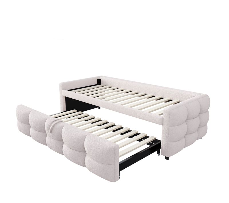 Lit Gigogne 90/180x190 Cm En Velours Teddy Beige Avec Sommier